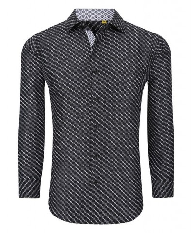 Men's Business Geometric Long Sleeve Button Down Shirt Black $19.24 Dress Shirts