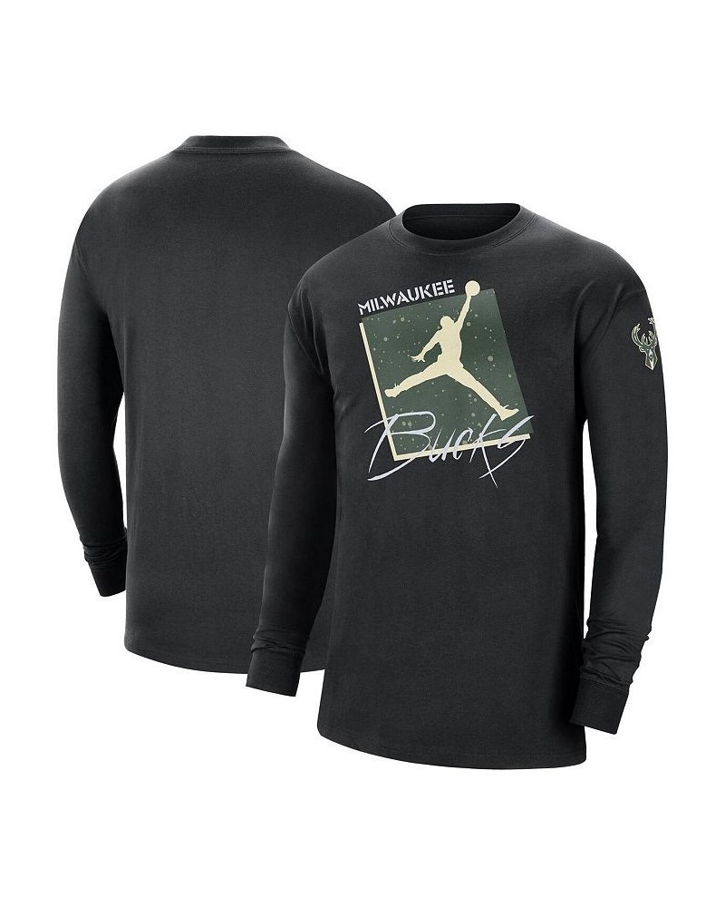 Men's Brand Black Milwaukee Bucks Courtside Max 90 Vintage-Like Wash Statement Edition Long Sleeve T-shirt $26.21 T-Shirts