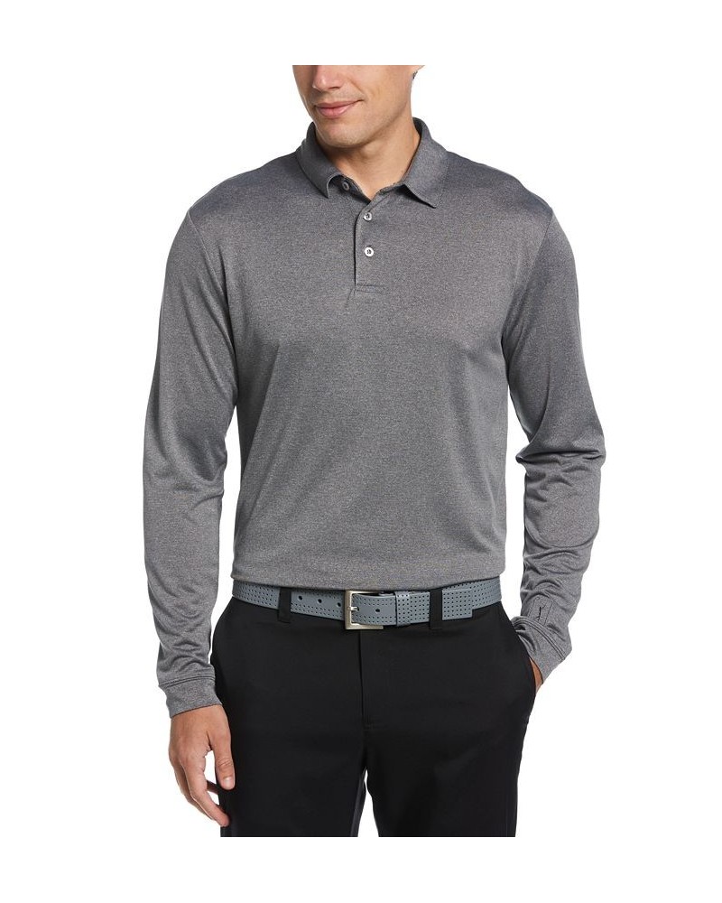 Men's Micro Birdseye Print Long-Sleeve Polo Shirt Black Lava Heather $27.08 Polo Shirts