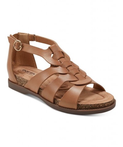 Women's Dale Strappy Round Toe Casual Flat Sandals Brown $36.89 Shoes