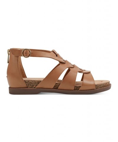 Women's Dale Strappy Round Toe Casual Flat Sandals Brown $36.89 Shoes