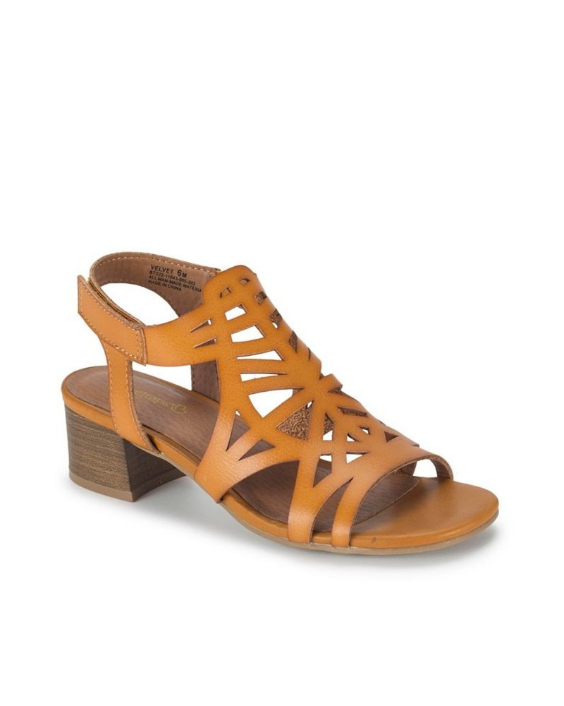 Women's Velvet Block Heel Sandal Brown $48.95 Shoes