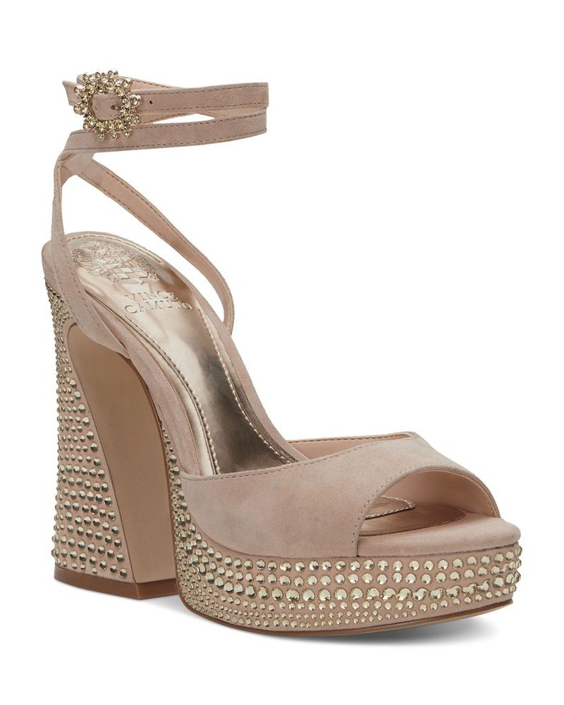 Inna Rhinestone Platform Sandals Tan/Beige $57.74 Shoes